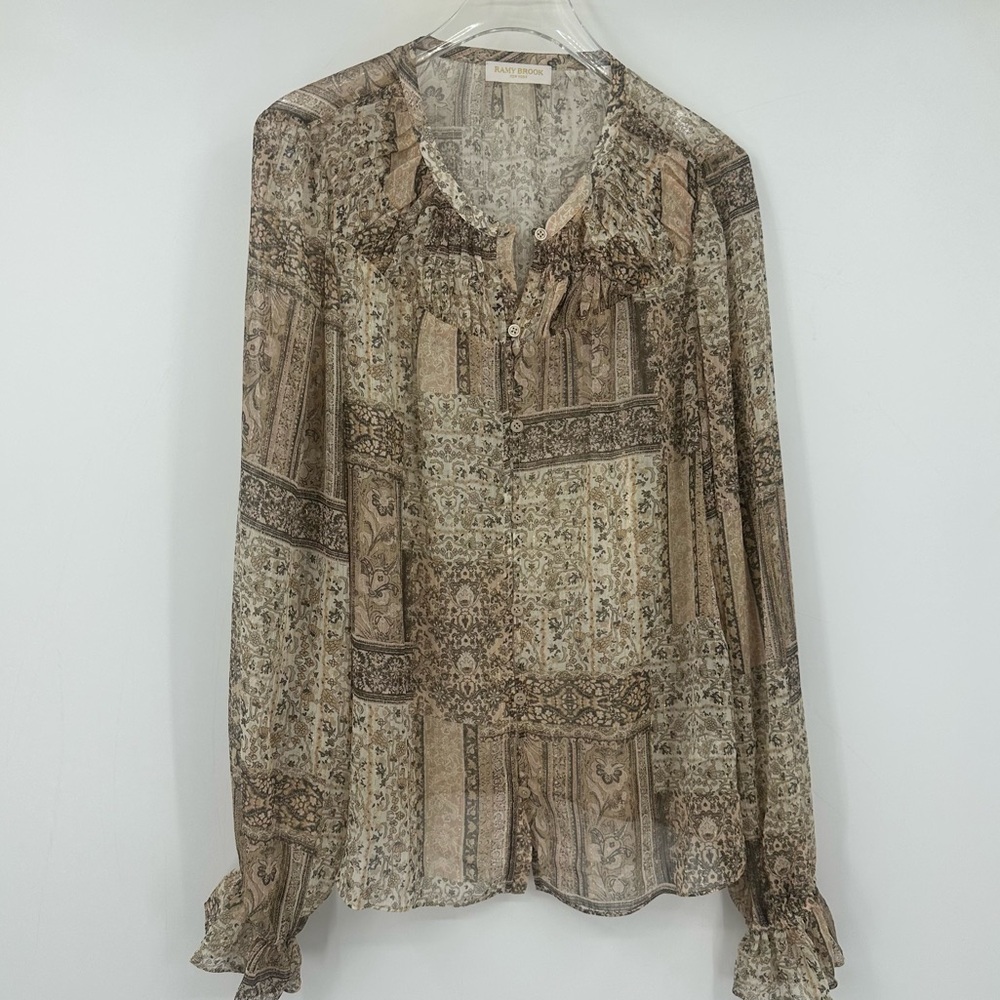 Ramy Brook Ariel Long Sleeve Button Front Blouse Brown Cream Tan Paisley | B442
